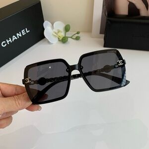 CHANEL Black Square Sunglasses with Chain Detail